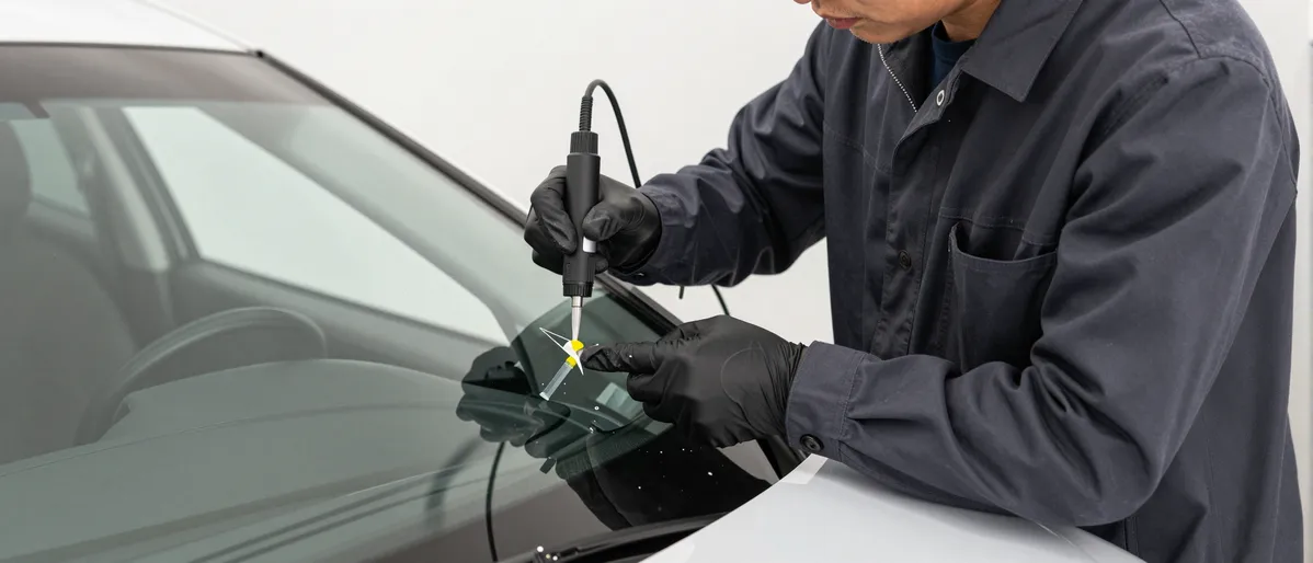 Werkzeuge und Materialien fuer die Autoglasreparatur liegen auf einer Werkbank