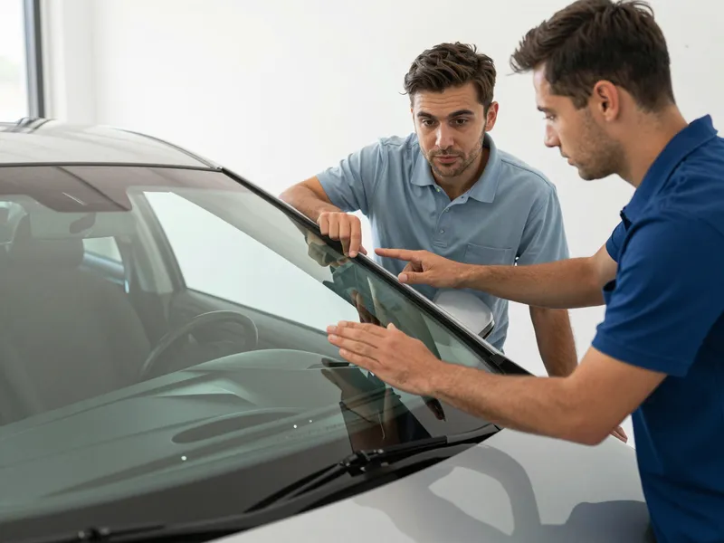Ein Autoglas-Berater erklaert einem Kunden die Reparatur an einer Autoscheibe