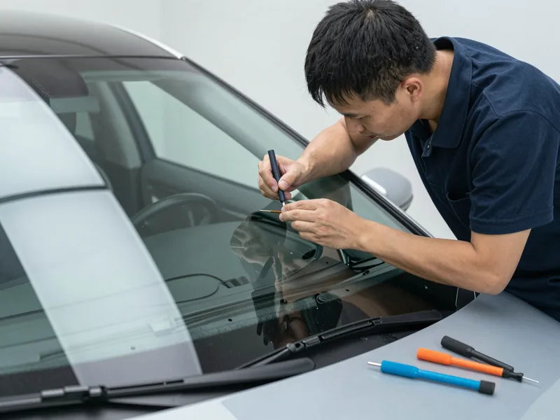 Werkzeuge und Materialien fuer die Autoglasreparatur liegen auf einer Werkbank