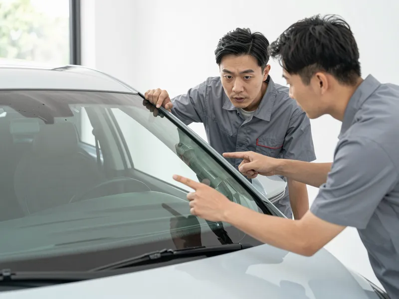 Ein Autoglas-Berater erklaert einem Kunden die Reparatur an einer Autoscheibe