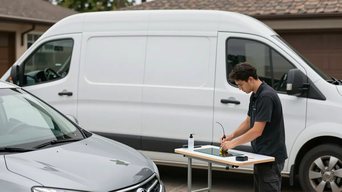Werkzeuge und Materialien fuer die Autoglasreparatur liegen auf einer Werkbank