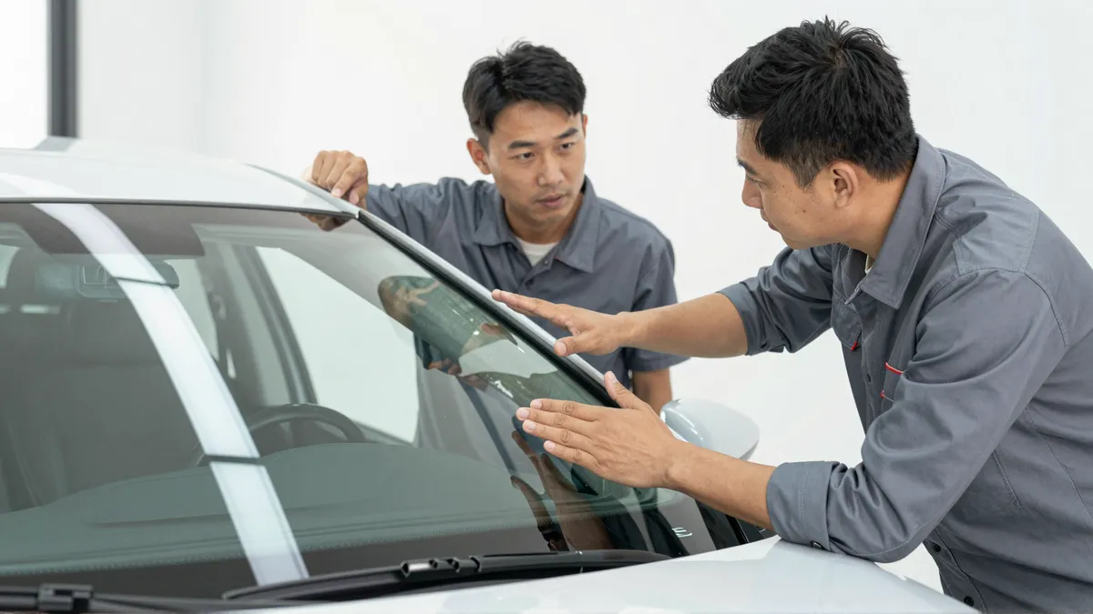 Ein Autoglas-Berater erklaert einem Kunden die Reparatur an einer Autoscheibe