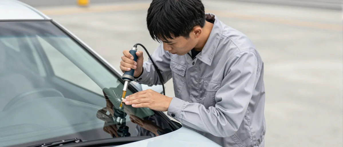 Ein Autoglastechniker repariert mit einem Harzinjektionswerkzeug einen Riss in einer Autoscheibe.