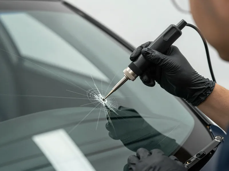 Geschickte Hände in schwarzen Handschuhen injizieren Harz in einen sternförmigen Riss einer Autoscheibe.