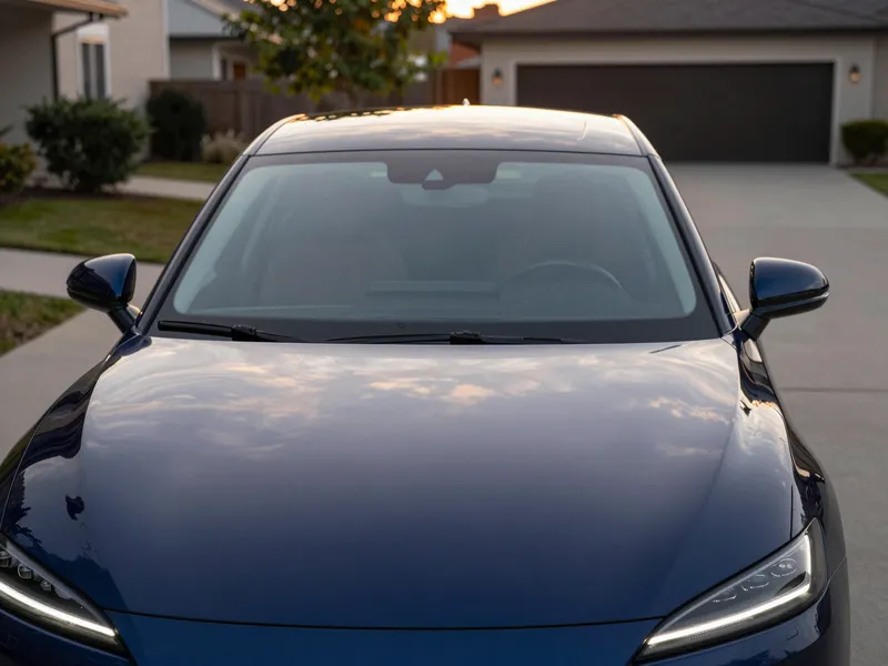 Ein modernes Luxusauto steht in einer Auffahrt bei Dämmerung, sein Frontscheibe reflektiert das warme Abendlicht.