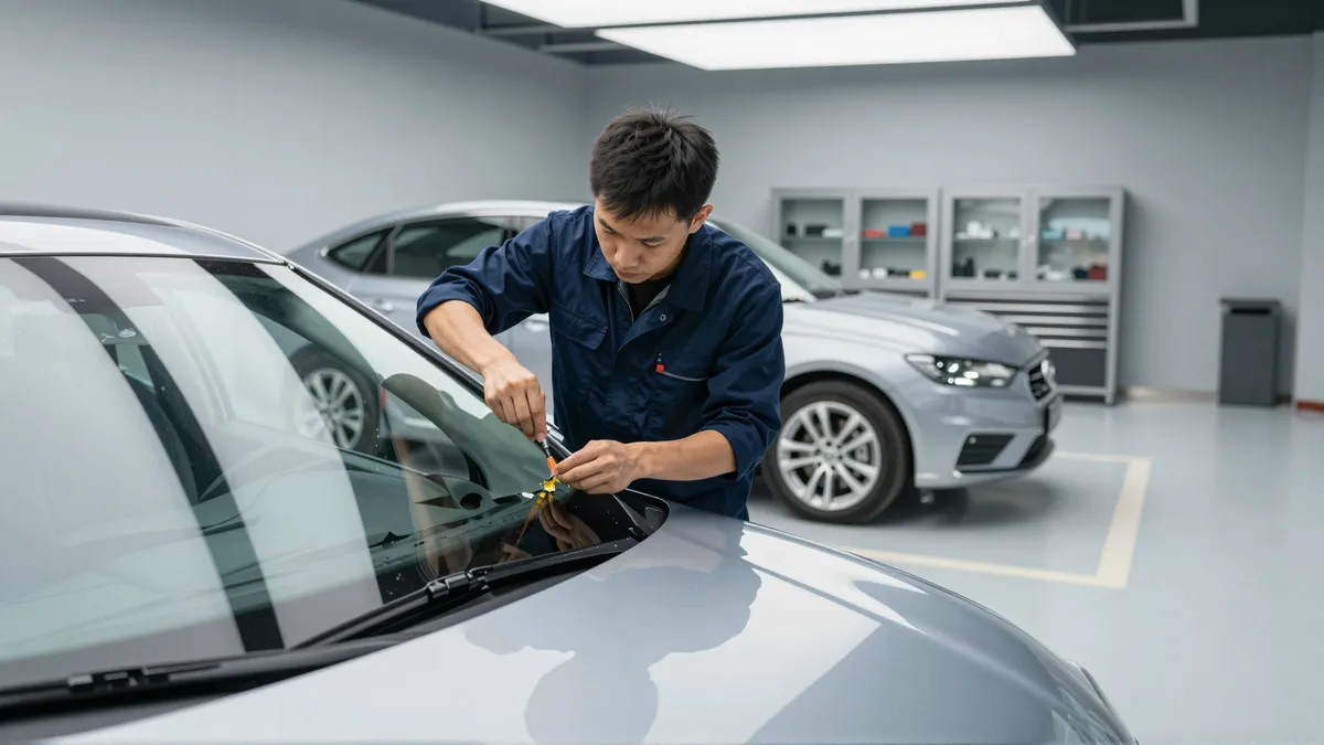 Ein Techniker in blauer Arbeitskleidung repariert eine Windschutzscheibe an einem silbernen Auto in einer sauberen Werkstatt.