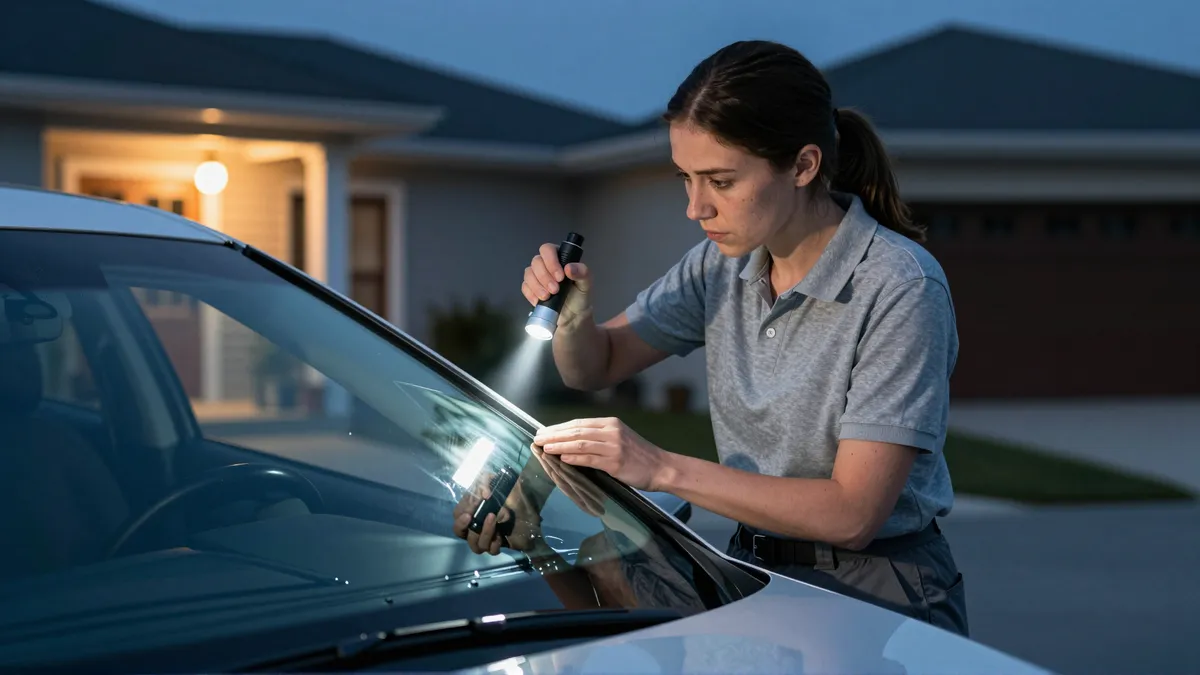 Eine Technikerin prüft mit einer LED-Lampe die Windschutzscheibe eines Autos bei Dämmerung.