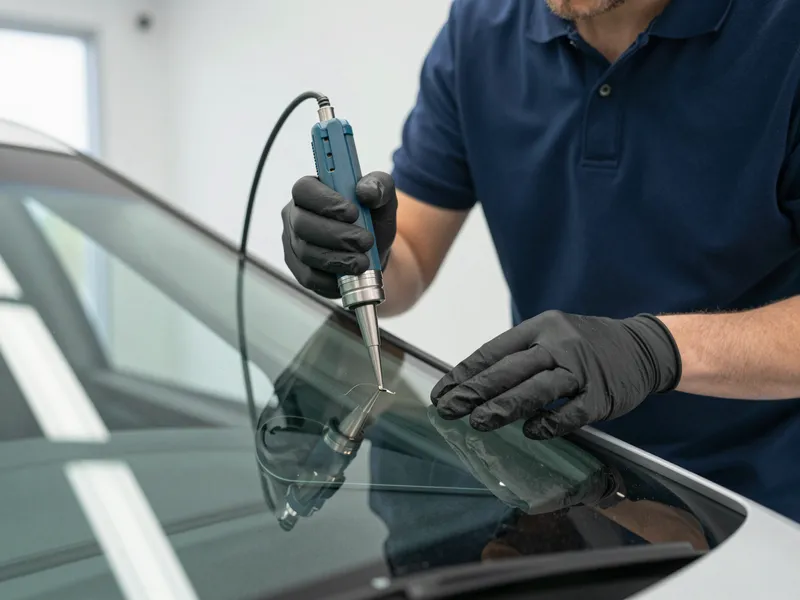 Ein Techniker repariert mit einem Spezialwerkzeug einen Steinschlag in einer Autoscheibe.