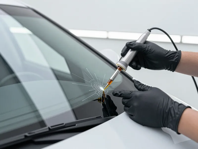 Die behandschuhten Hände eines Technikers reparieren einen sternförmigen Riss in einer Autoscheibe mit Harzinjektor.