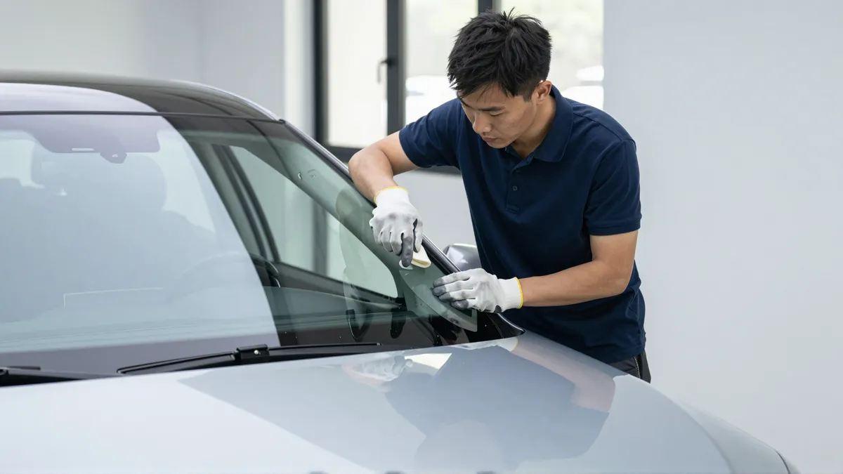 Ein Techniker in blauer Arbeitskleidung poliert die Windschutzscheibe eines silbernen Autos in einer hellen Werkstatt.