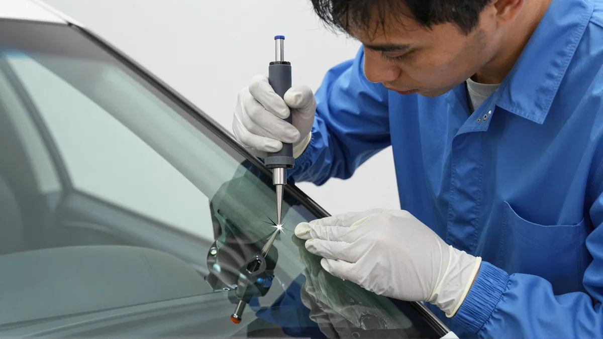 Ein Autoglastechniker repariert mit einem Spezialwerkzeug einen kleinen Sternriss in einer Windschutzscheibe.