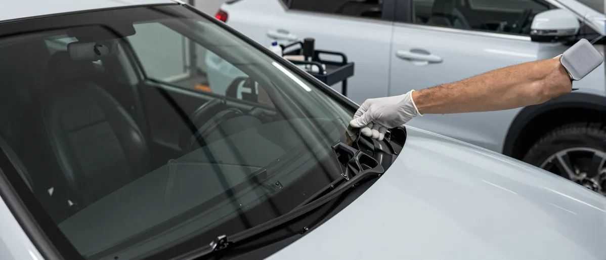 Ein Techniker setzt mit Handschuhen eine neue schwarze Windschutzscheibe in einen Fahrzeugrahmen ein.