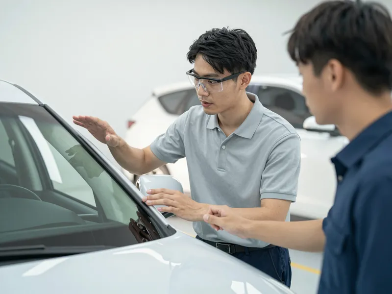 Ein Autoglas-Techniker erklärt einem Kunden den Reparaturprozess an einer Windschutzscheibe in einer hellen Werkstatt.