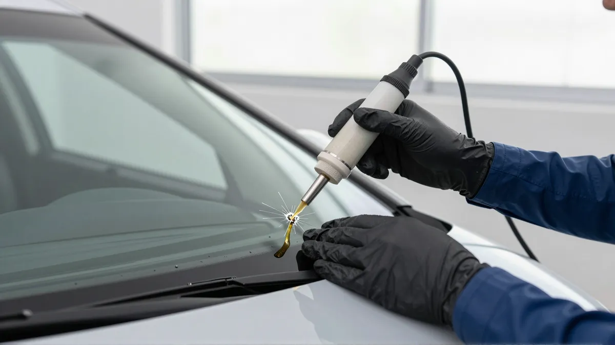 Technikerhände reparieren mit Harz einen sternförmigen Riss in einer Autoscheibe