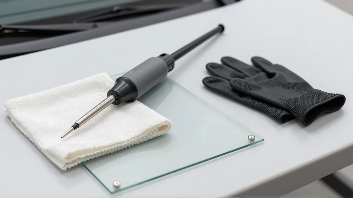 Werkzeuge und Materialien fuer die Autoglasreparatur liegen auf einer Werkbank