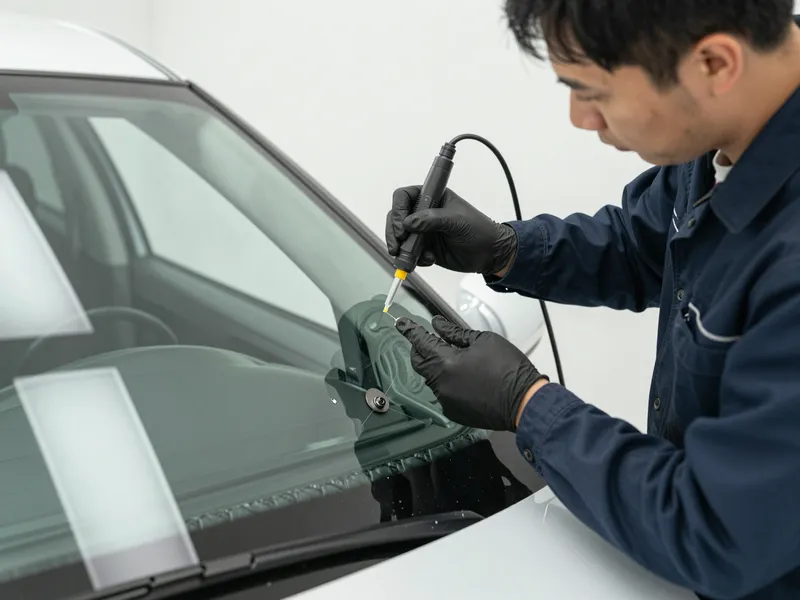 Werkzeuge und Materialien fuer die Autoglasreparatur liegen auf einer Werkbank