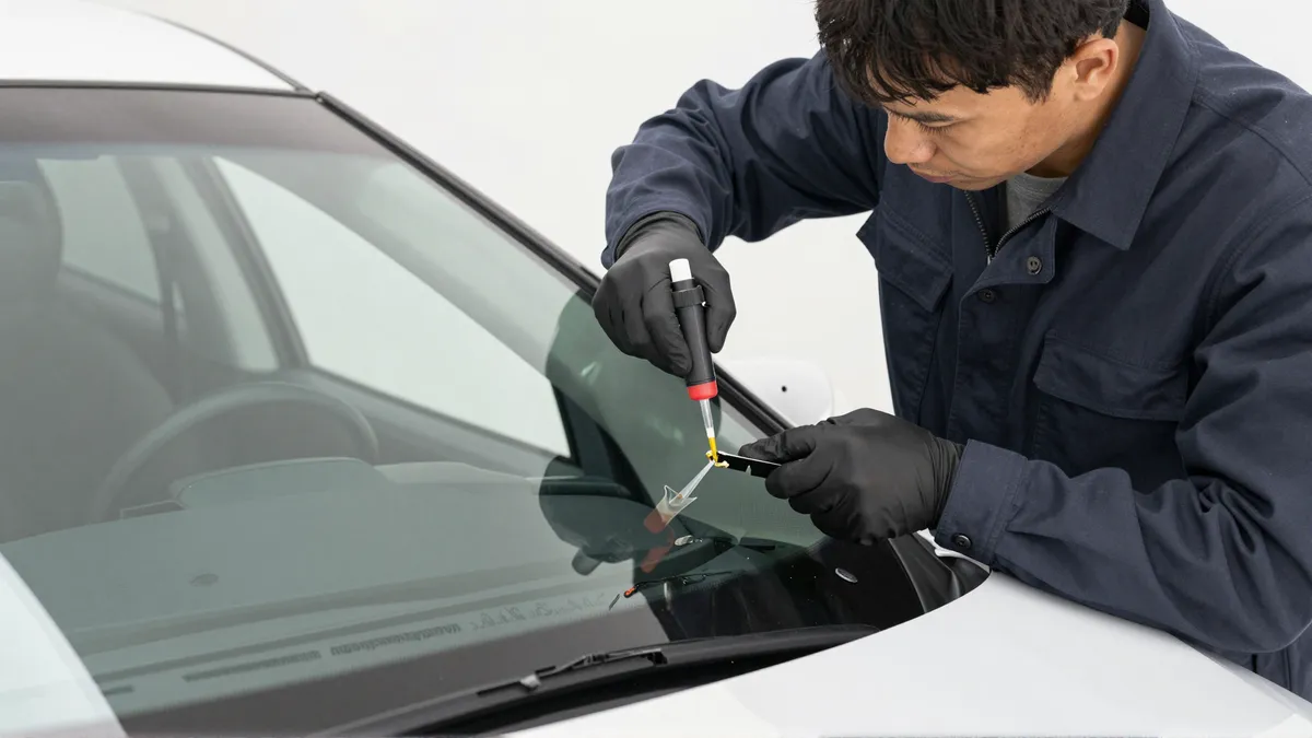 Werkzeuge und Materialien fuer die Autoglasreparatur liegen auf einer Werkbank