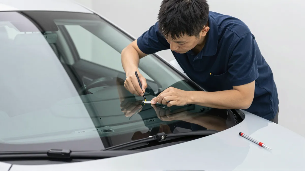 Werkzeuge und Materialien fuer die Autoglasreparatur liegen auf einer Werkbank
