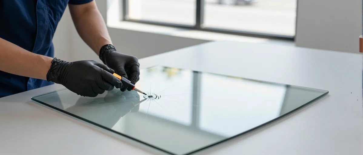 Hände in schwarzen Handschuhen reparieren einen kleinen Riss in einer Autoscheibe auf einer Werkbank.