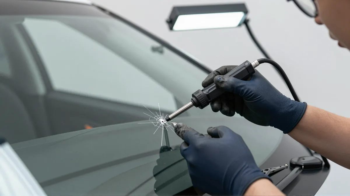 Ein Techniker repariert mit einem Spezialwerkzeug einen kleinen Sternriss in einer Autoscheibe.