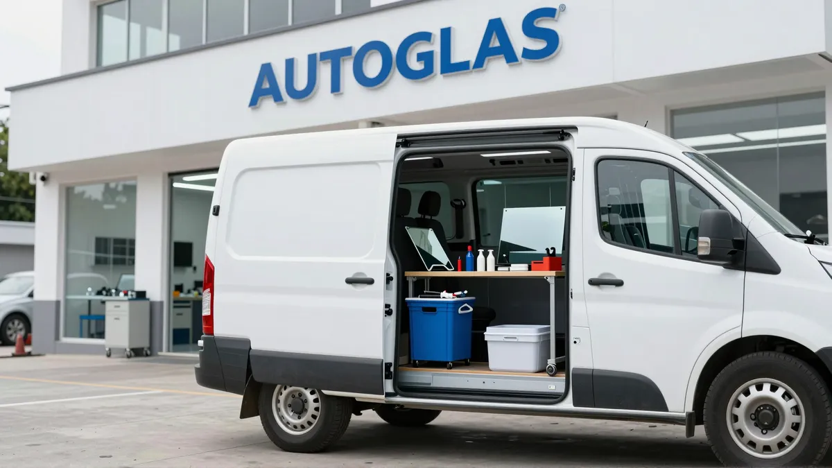 Ein moderner Servicestandwagen mit geöffneten Türen und Werkzeug steht vor einer hellen Autoglas-Werkstatt.