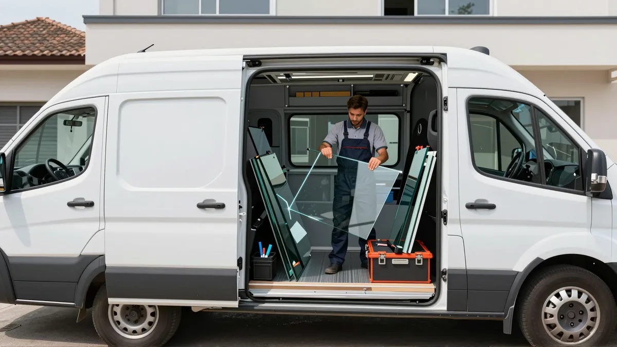 Ein Techniker entlädt vorsichtig eine Windschutzscheibe aus einem sauber organisierten Glaserservice-Van.