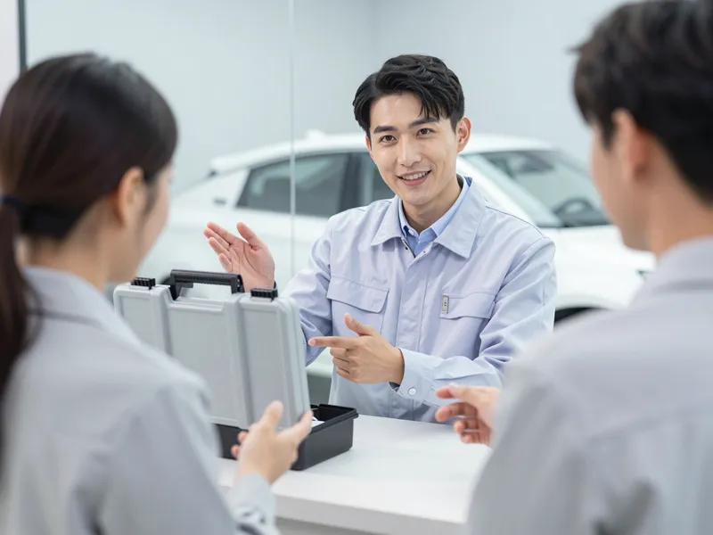Ein Servicemitarbeiter berät einen Kunden in der hellen Empfangshalle eines Autoglaszentrums.