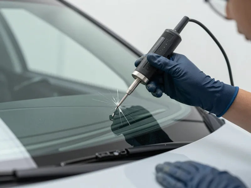 Ein Techniker repariert mit einem Werkzeug einen sternförmigen Riss in einer Autoscheibe.