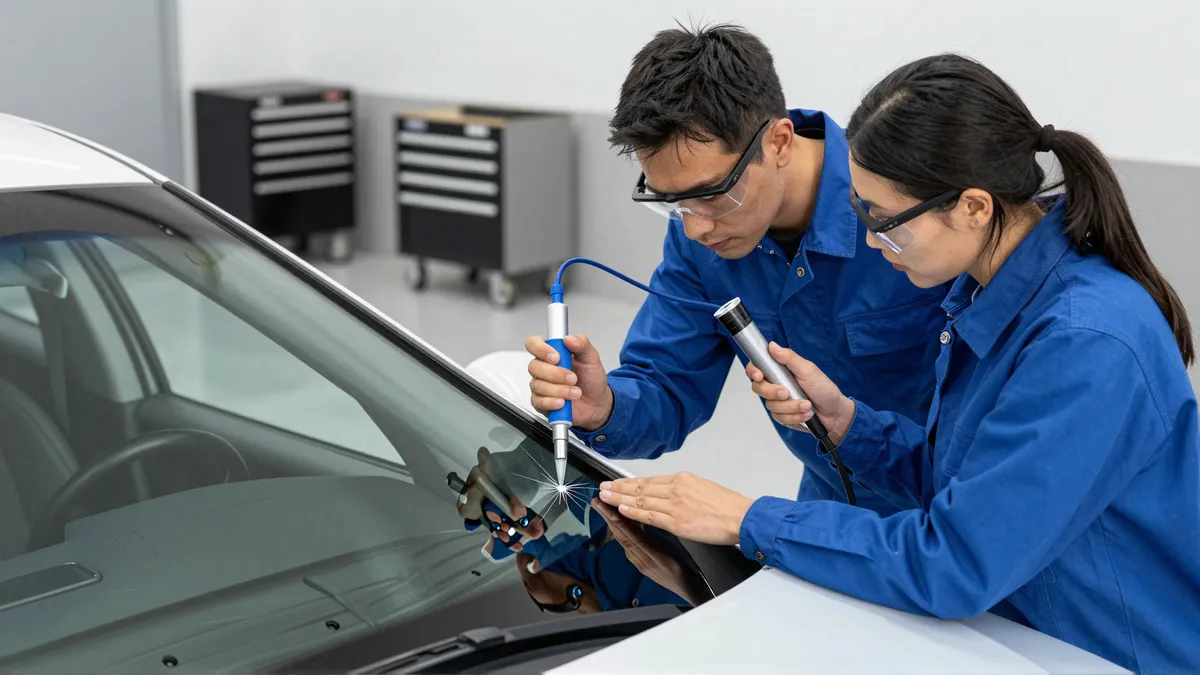 Zwei Autoglas-Techniker reparieren gemeinsam einen Sternriss in einer Windschutzscheibe.