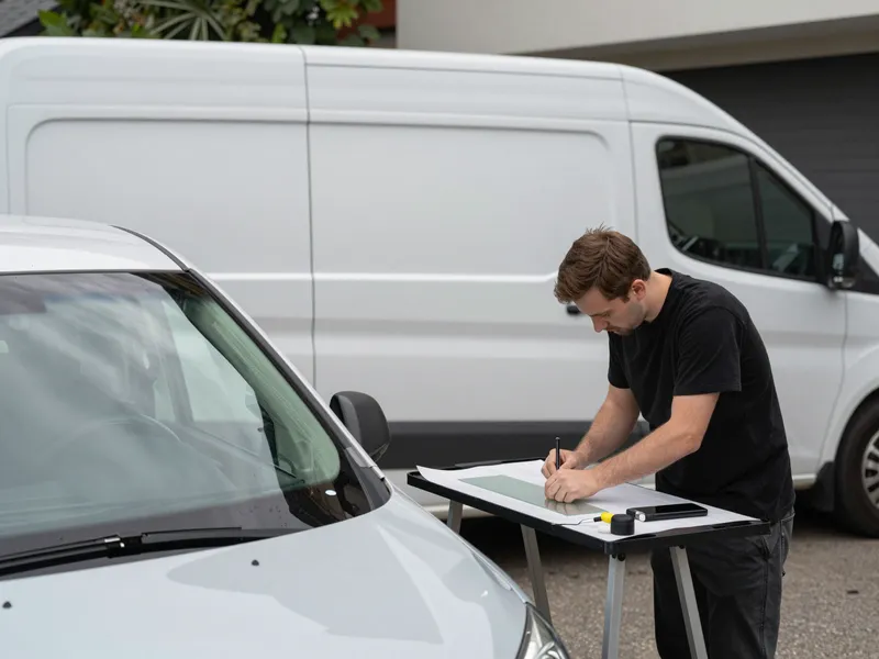Werkzeuge und Materialien fuer die Autoglasreparatur liegen auf einer Werkbank