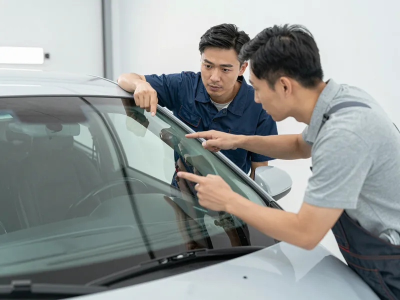 Ein Autoglas-Berater erklaert einem Kunden die Reparatur an einer Autoscheibe