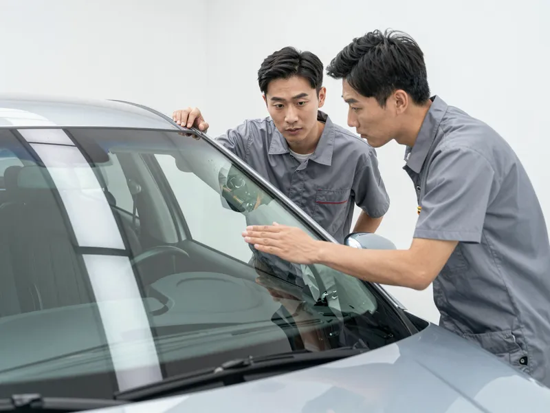 Ein Autoglas-Berater erklaert einem Kunden die Reparatur an einer Autoscheibe