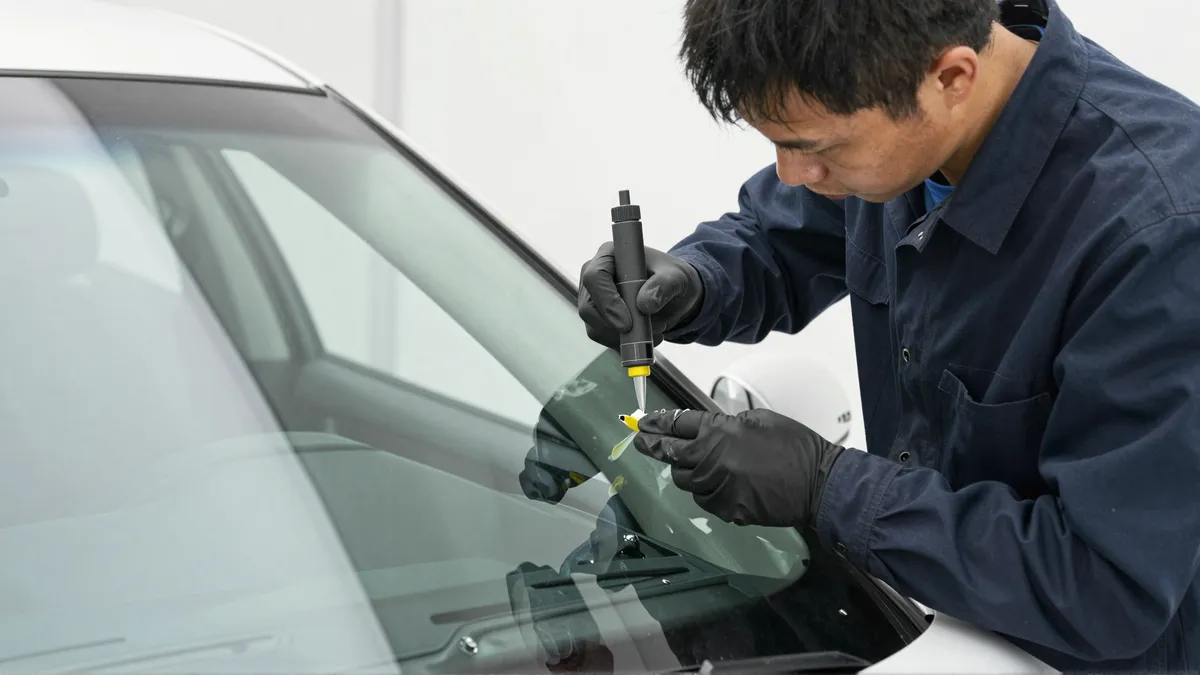 Werkzeuge und Materialien fuer die Autoglasreparatur liegen auf einer Werkbank