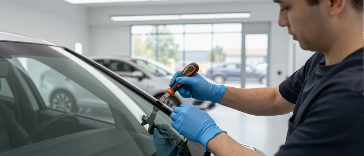 Ein Techniker repariert mit Handschuhen einen Steinschlag in einer Windschutzscheibe in einer Werkstatt.