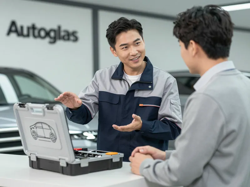 Ein Servicemitarbeiter erklärt einem Kunden den Windschutzscheibenreparaturprozess in einer modernen Autowerkstatt.