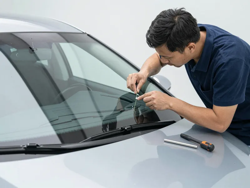 Ein Autoglas-Spezialist repariert eine Windschutzscheibe an einem modernen Auto in einer sauberen Werkstatt.