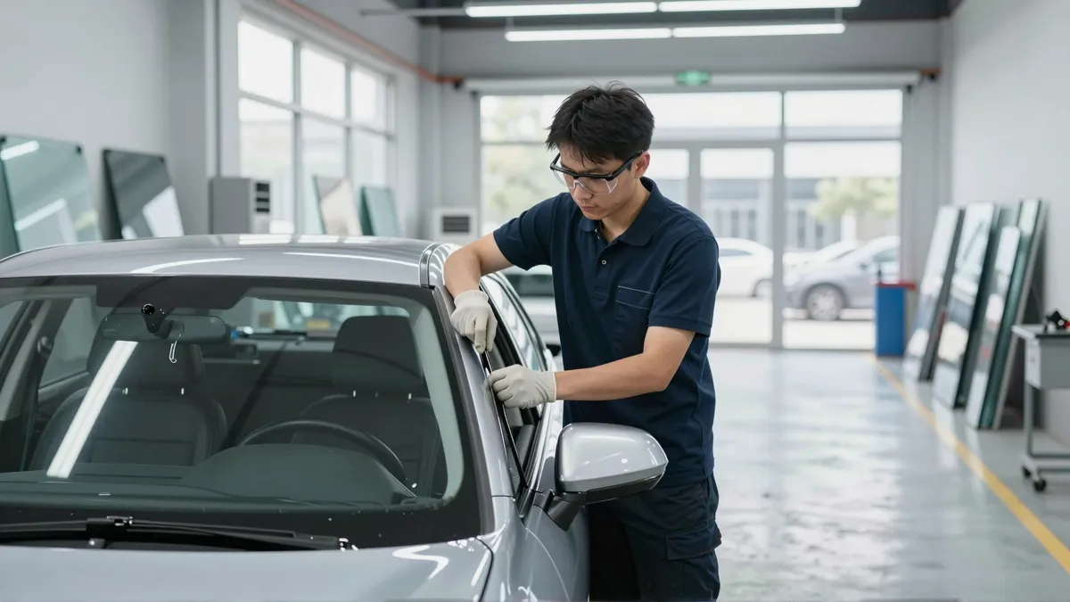 Ein Kfz-Techniker installiert eine Windschutzscheibe in einem modernen und aufgeräumten Autoglas-Werkstatt.