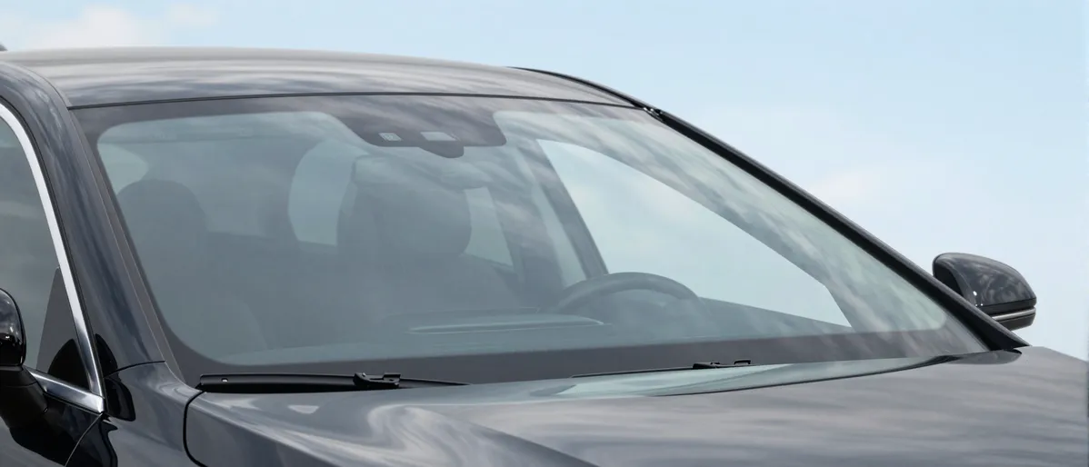 Ein makellos klarer Autofrontscheibe spiegelt einen blauen Himmel mit wenigen Wolken wider.