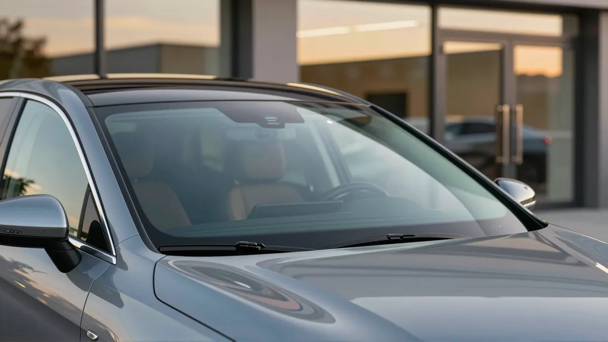 Ein modernes Auto mit makelloser Windschutzscheibe steht vor einem Autohaus in der Abendsonne.