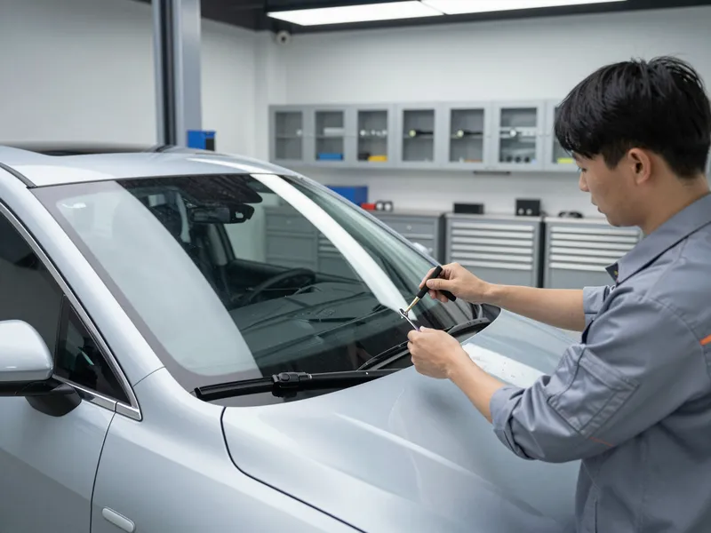 Ein Techniker repariert eine Windschutzscheibe in einer modernen Autowerkstatt.