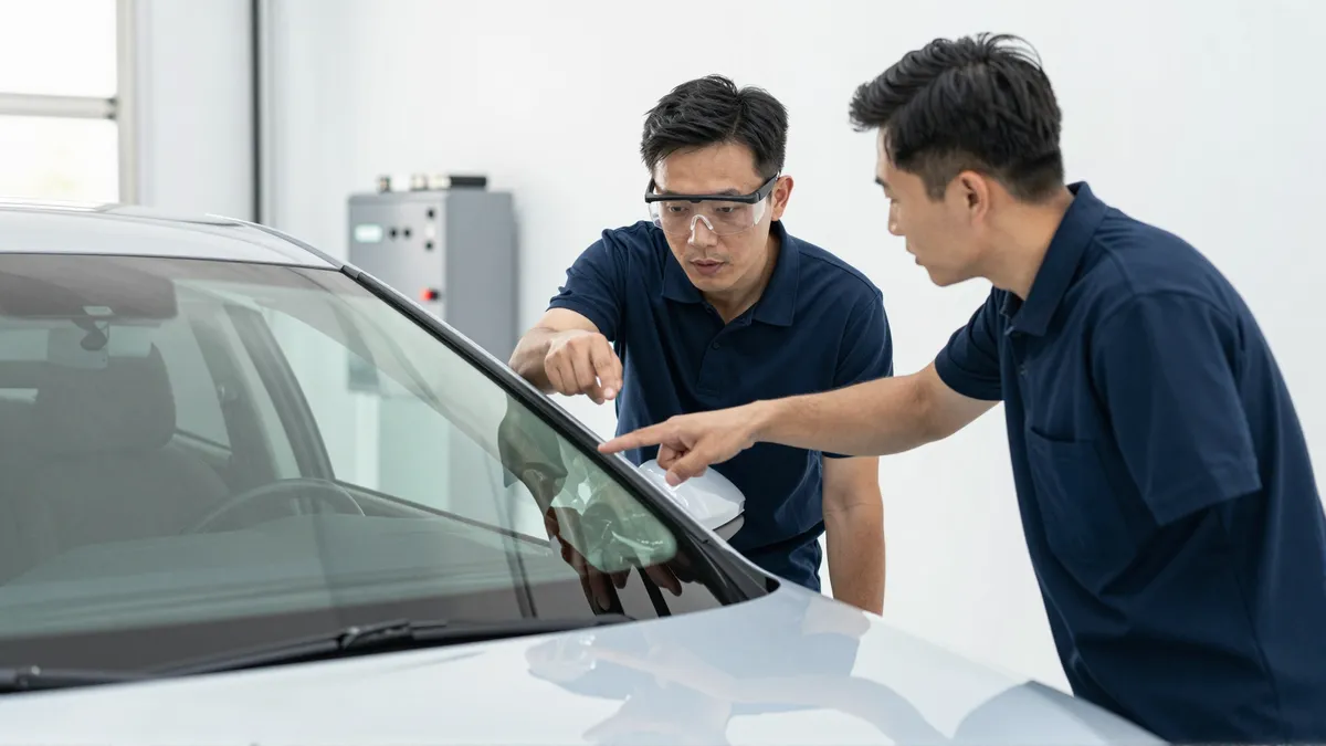Ein Autoglastechniker in blauem Polohemd berät einen Kunden am Fahrzeug in einer hellen Werkstatt.