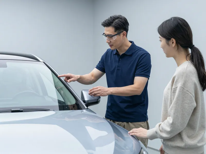 Ein Autoglas-Techniker erklärt einer Kundin die Reparatur ihrer Windschutzscheibe in einer hellen Werkstatt.