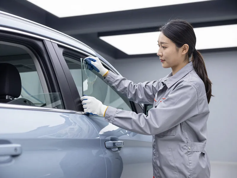 Eine Technikerin setzt fachmännisch eine neue Autoseitenscheibe in den Türrahmen ein.