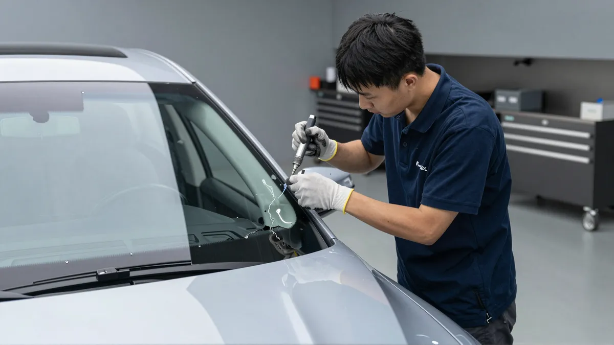 Ein Techniker repariert mit Resin einen kleinen Steinschlag in der Windschutzscheibe eines silbernen Autos.