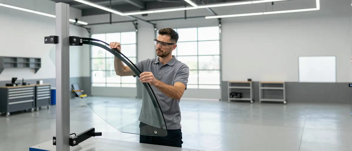 Ein Techniker prüft eine Windschutzscheibe in einer modernen Autoglaswerkstatt mit Werkzeugschränken.