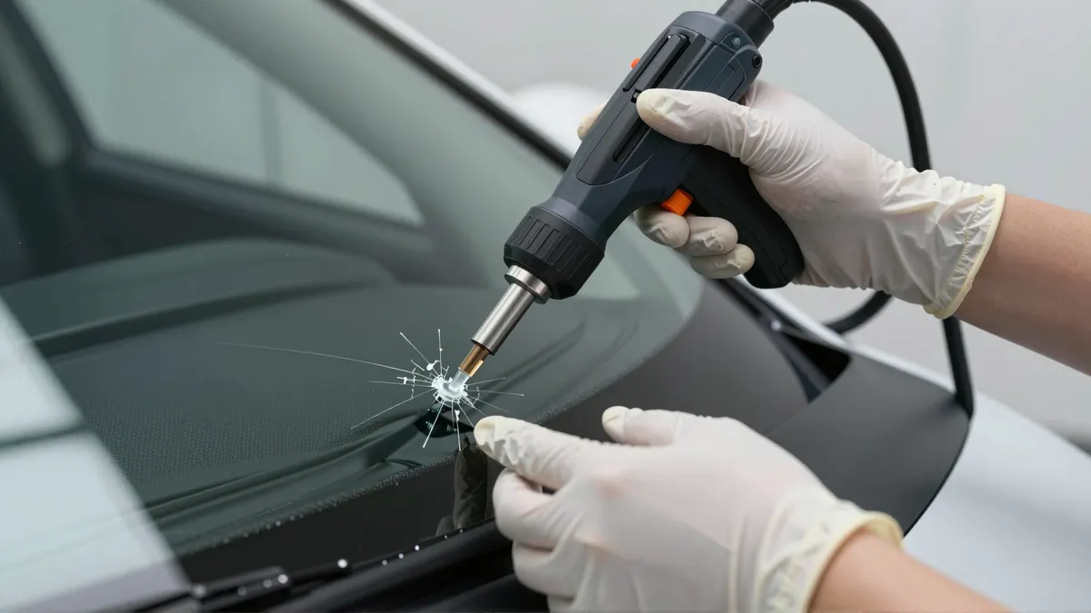 Ein Techniker in Schutzhandschuhen injiziert mit einem Werkzeug Harz in einen sternförmigen Riss in einer Autoscheibe.