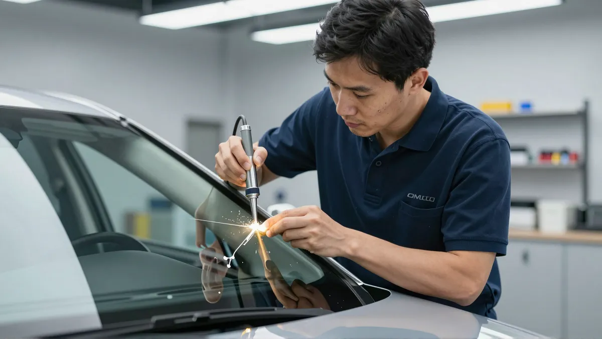 Ein Techniker in einer modernen Werkstatt repariert präzise einen Steinschlag in einer Autoscheibe.