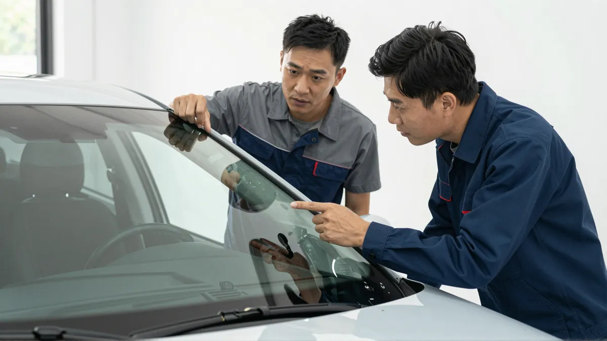 Ein Autoglas-Berater erklaert einem Kunden die Reparatur an einer Autoscheibe
