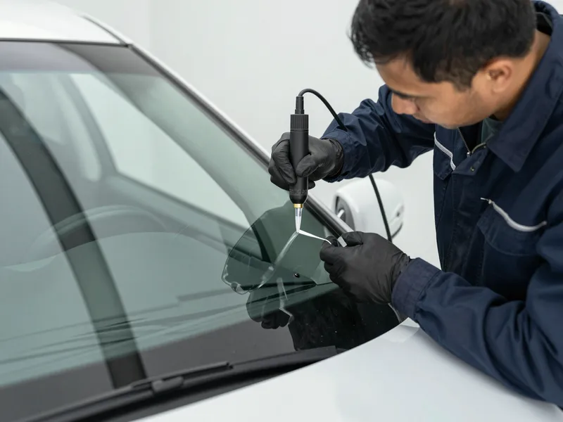 Werkzeuge und Materialien fuer die Autoglasreparatur liegen auf einer Werkbank