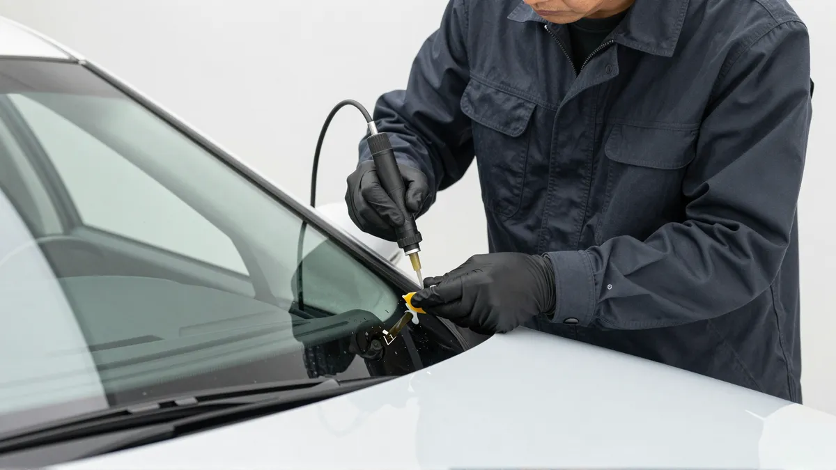 Werkzeuge und Materialien fuer die Autoglasreparatur liegen auf einer Werkbank